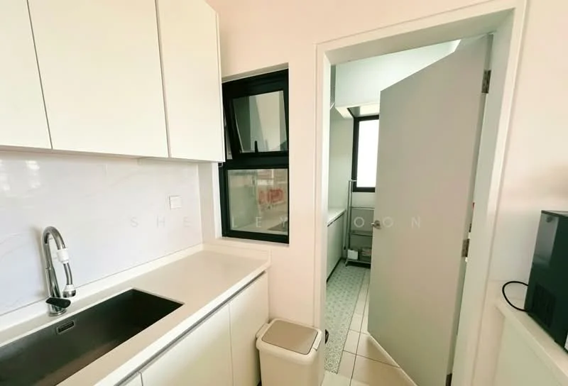 Kitchen features: white cabinetry, single-bowl stainless-steel sink, chrome pull-down faucet, white countertop, white tiled backsplash, floor-to-ceiling window, light-colored tile flooring, built-in appliances, recessed downlights; style: modern. Room features: white door, light-colored wall, unknown flooring.