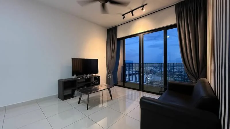 Living features: black leather sofa, 3-seater sofa, coffee table, wall-mounted TV, TV console, floor-to-ceiling windows, sliding glass door, curtains, recessed downlights, white painted walls, glossy tile flooring, ceiling fan; style: modern; view: city.