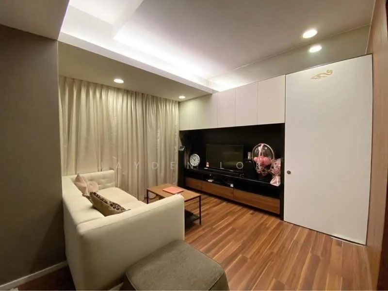 Living features: white fabric sofa, wooden coffee table, TV console with storage, wall-mounted TV, light wood flooring, recessed downlights, curtains, decorative wall art, decorative vase, built-in cabinetry, neutral wall color, accent wall with texture; style: modern.