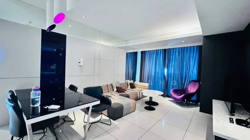 Living features: sofa with beige and grey upholstery, coffee table, wall-mounted TV, black feature wall, floor-to-ceiling windows with blue curtains, white tiled flooring, ceiling with recessed lighting, decorative pendant light with purple accents, fan, dining table with black chairs; style: modern.