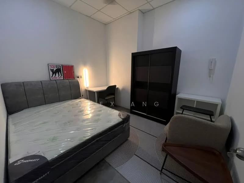 Bedroom features: queen-size bed with mattress, grey upholstered headboard, black wardrobe with sliding doors, white bedside table, desk with lamp, chair, area rug, white painted walls, ceiling lights; style: modern.