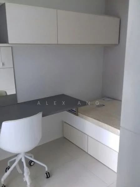 Study features: white painted walls, light grey desk surface, built-in cabinetry with white finish, white rolling chair, stone countertop, floor tiles, mirror on wall, storage drawers; style: modern.