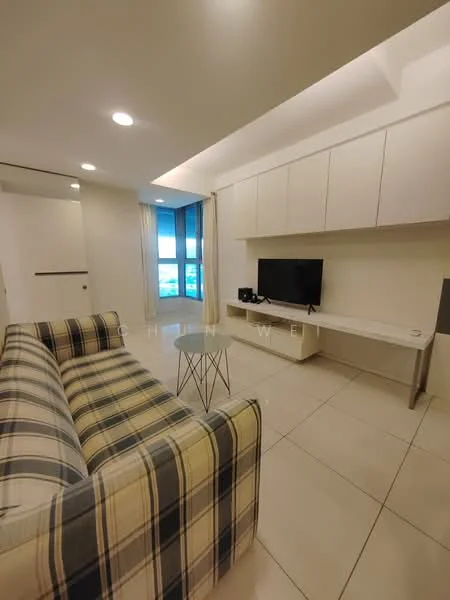 Living features: plaid fabric sofa, coffee table, wall-mounted TV, white TV console, built-in cabinetry, floor-to-ceiling windows, curtains, tile flooring, recessed lighting, neutral wall color, open layout; style: modern; view: city.