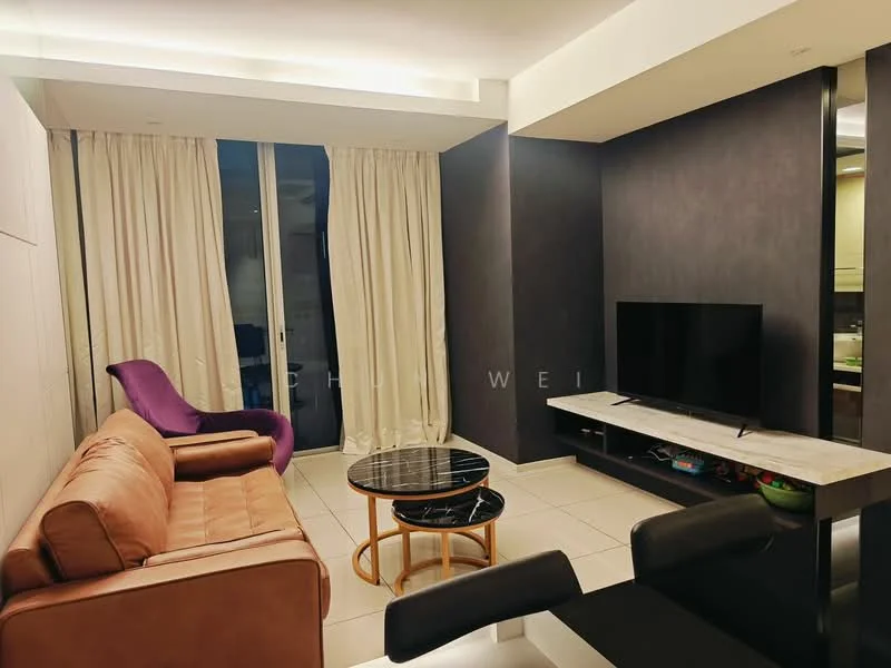 Living features: brown leather sofa, purple accent chair, black round coffee table, wall-mounted TV, marble TV console, white tiled flooring, floor-to-ceiling windows with sheer curtains, recessed lighting, decorative wall with dark finish; style: modern.