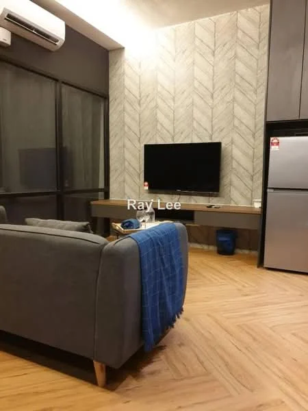 Living features: grey fabric sofa, wooden coffee table, wall-mounted TV, TV console, refrigerator, air conditioning unit, wooden flooring, chevron patterned accent wall, blue throw blanket; style: modern.