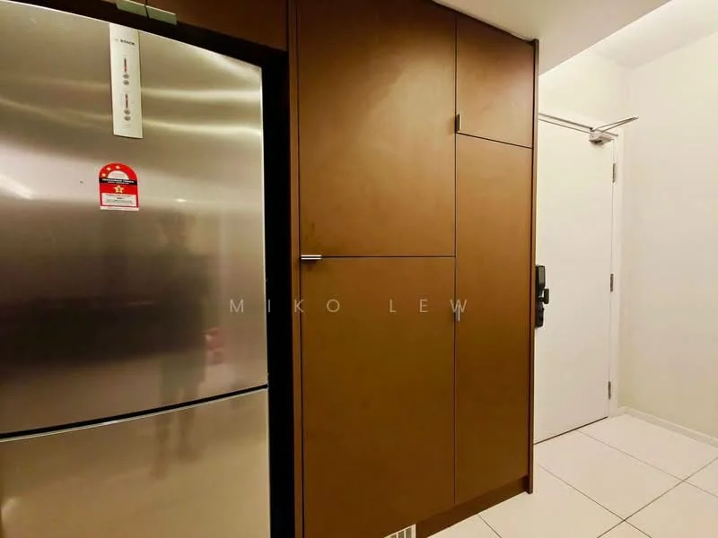 Room features: stainless-steel fridge, brown cabinetry, white tiled flooring, white painted walls, door with security lock; style: modern.