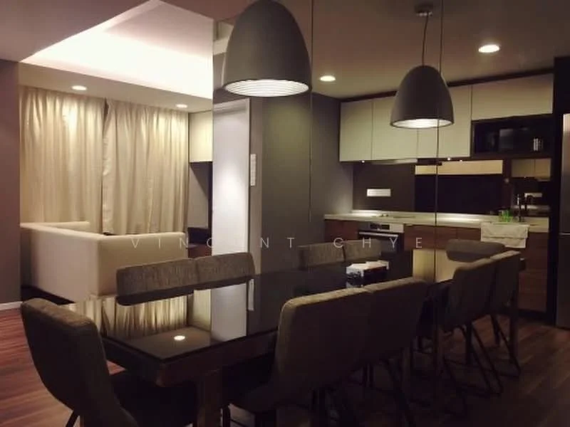 Dining features: 8-seater dining table, upholstered dining chairs, pendant lighting, wooden flooring, recessed downlights, grey accent wall, curtains, open-plan layout; style: modern. Kitchen features: white cabinetry, black countertop, built-in oven, stainless-steel sink, chrome pull-down faucet, glass-front upper cabinets, kitchen island, recessed downlights; style: modern. Living features: sectional sofa, coffee table, TV console, wall-mounted TV, decorative cushions, floor-to-ceiling windows, curtains, wooden flooring; style: modern.
