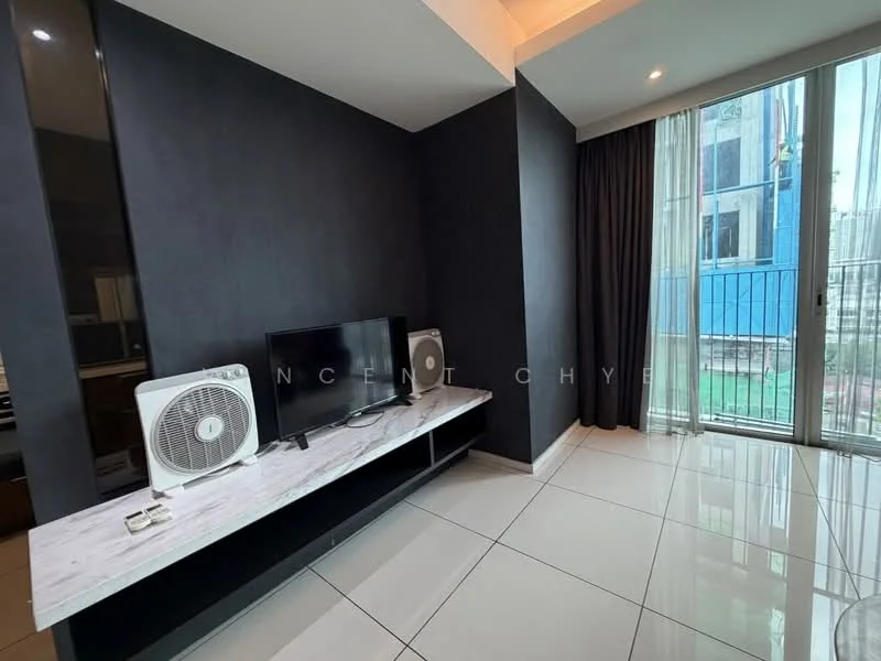 Living features: white glossy tile flooring, dark accent wall, light-colored feature wall, wall-mounted TV, floating TV console, two standing fans, floor-to-ceiling windows, sheer curtains, balcony access; style: modern; view: city.