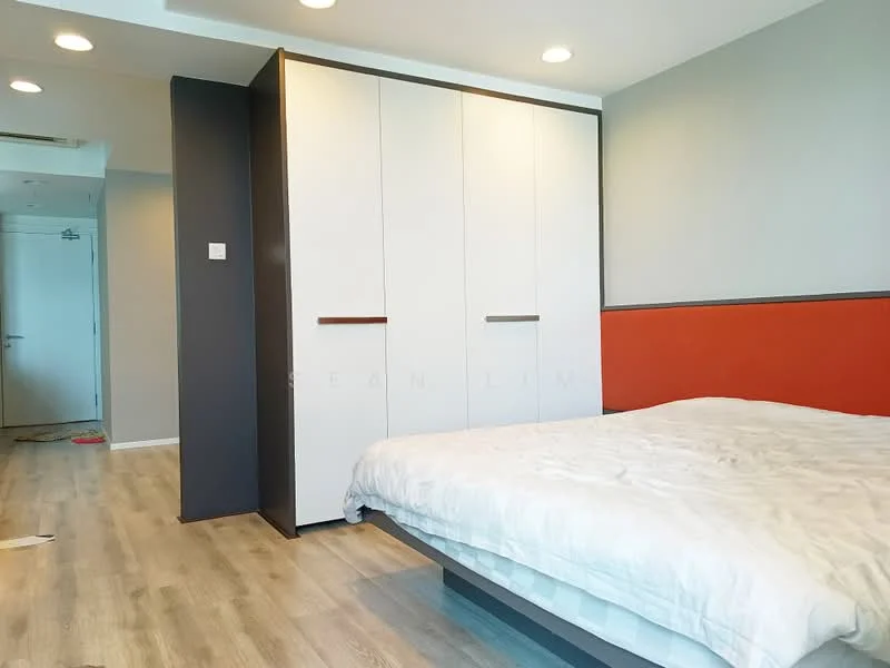 Bedroom features: queen-size bed with white bedding, built-in wardrobe with white and dark wood finish, grey accent wall, laminate flooring, recessed downlights, floor-to-ceiling windows, orange accent wall, decorative wall paneling; style: modern.