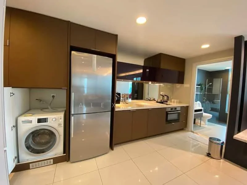 Kitchen features: stainless-steel fridge, built-in oven, ceramic cooktop, single-bowl stainless-steel sink, chrome pull-down faucet, dark wood cabinetry, white quartz countertop, washing machine, tile flooring, recessed downlights, mirror backsplash, open shelving; style: modern.