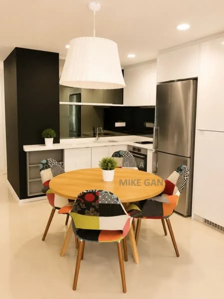 Kitchen features: white cabinetry, black accent wall, marble countertop, stainless-steel fridge, built-in oven, freestanding range oven, round dining table, upholstered dining chairs with colorful patterns, pendant light fixture, potted plant on table, open shelving, ceramic tile flooring, recessed downlights; style: modern.