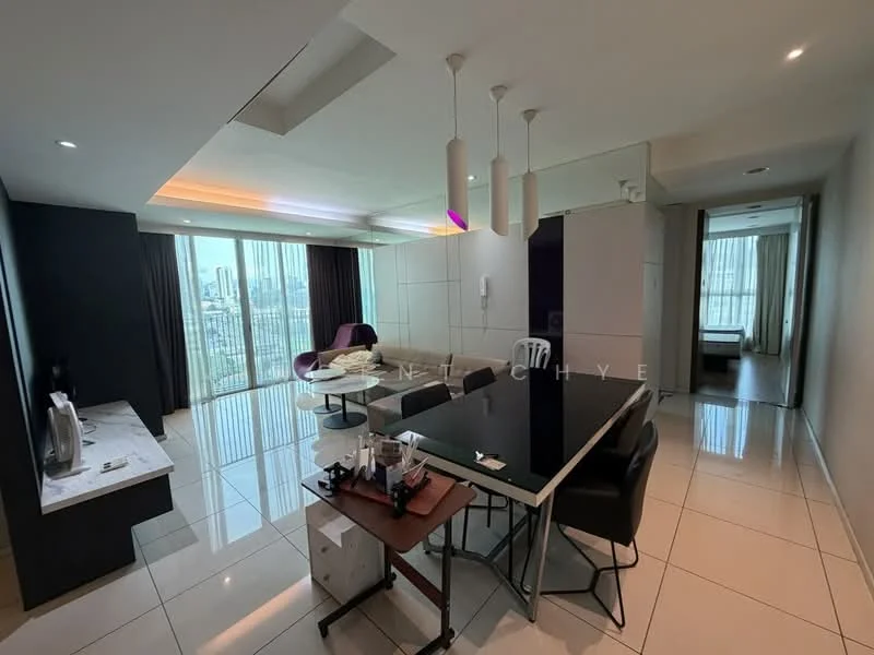 Living features: white painted walls, grey accent wall, marble flooring, recessed downlights, pendant lamps, floor-to-ceiling windows, black dining table, upholstered dining chairs, sofa, coffee table, decorative items on table, curtains, city view; style: modern; view: city.