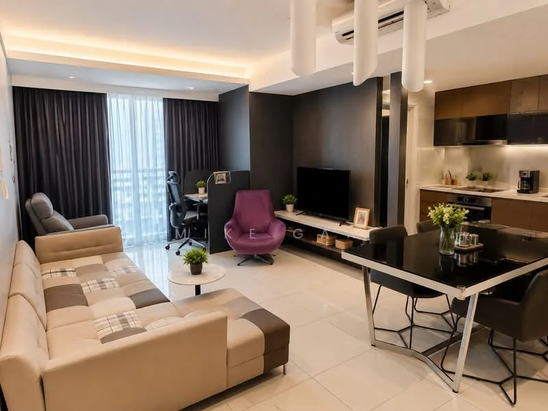 Living features: 3-seater fabric sofa in beige with plaid pattern, purple accent chair, white coffee table, TV console, wall-mounted TV, recessed LED downlights, floor-to-ceiling windows with sheer curtains, white tiled flooring, decorative plants, black accent wall, dining table for 4 with black chairs, kitchen area with built-in appliances; style: modern; view: city.