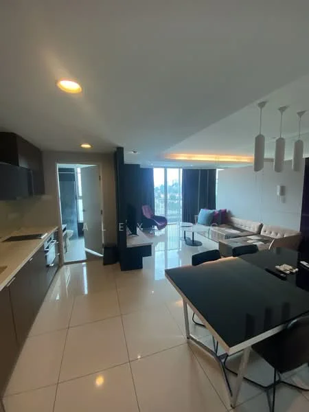 Living features: cream painted walls, white ceiling with recessed lighting, large floor-to-ceiling windows, sliding glass door, light-colored sectional sofa, glass coffee table, black dining table with metal legs, 4 black dining chairs, decorative cushions, tile flooring, view of the city skyline; style: modern; view: city. Kitchen features: dark wood cabinetry, white countertop, built-in oven, stainless-steel fridge, ceramic cooktop, single-bowl stainless-steel sink, chrome pull-down faucet, microwave, tile backsplash, open shelving; style: modern.