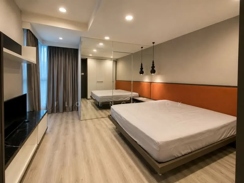 Bedroom features: queen-size bed with no bedding, wooden flooring, grey painted walls, orange accent wall, floor-to-ceiling mirror wardrobe, wall-mounted TV console, black TV unit, recessed downlights, two pendant lights, curtains, sliding door to wardrobe; style: modern.