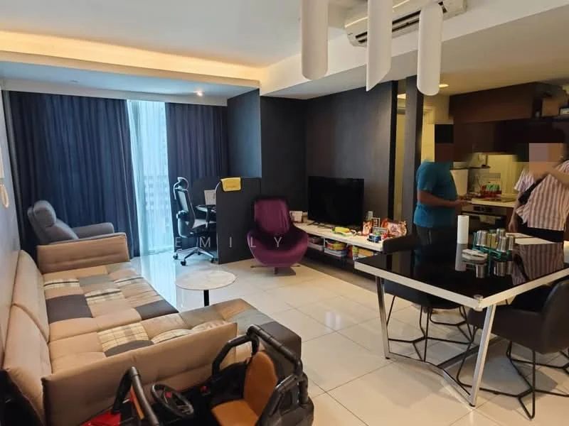 Living features: 3-seater fabric sofa in beige and brown, round coffee table with white top, wall-mounted TV, black TV console, floor-to-ceiling windows with sheer curtains, recessed ceiling lights, white tiled flooring, air conditioning unit on ceiling, decorative wall with dark finish, dining table with black surface and four chairs, kitchen area visible in background; style: modern; view: city. Kitchen features: kitchen cabinets with dark finish, stainless-steel sink, built-in stove, microwave, refrigerator, countertop with food items, open layout to living area; style: modern.