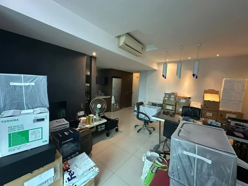 Room features: white painted walls, grey accent wall, tile flooring, recessed downlights, 3-blade ceiling fan, multiple cardboard boxes, office chair, desk, fan, various appliances covered in plastic; style: modern.