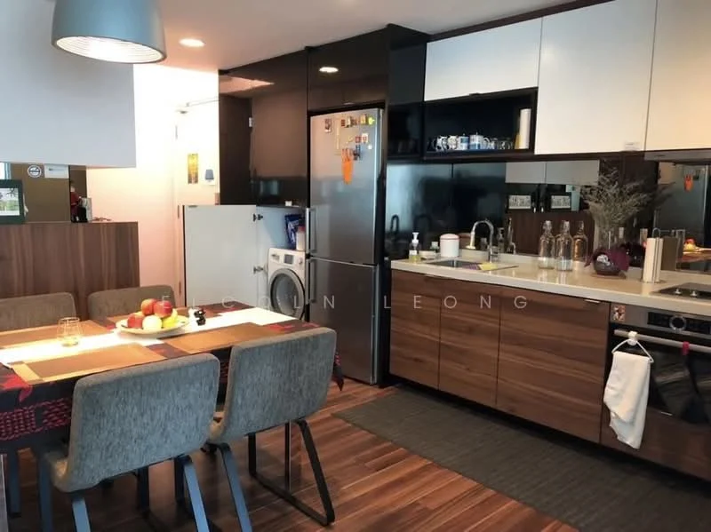Kitchen features: stainless-steel fridge, built-in oven, 4-burner gas hob, stainless-steel range hood, double-bowl stainless-steel sink, chrome pull-down faucet, white upper cabinets, brown lower cabinets, wooden dining table, upholstered dining chairs, wall-mounted microwave, washing machine, decorative vase, fruit bowl with apples, recessed downlights; style: modern.