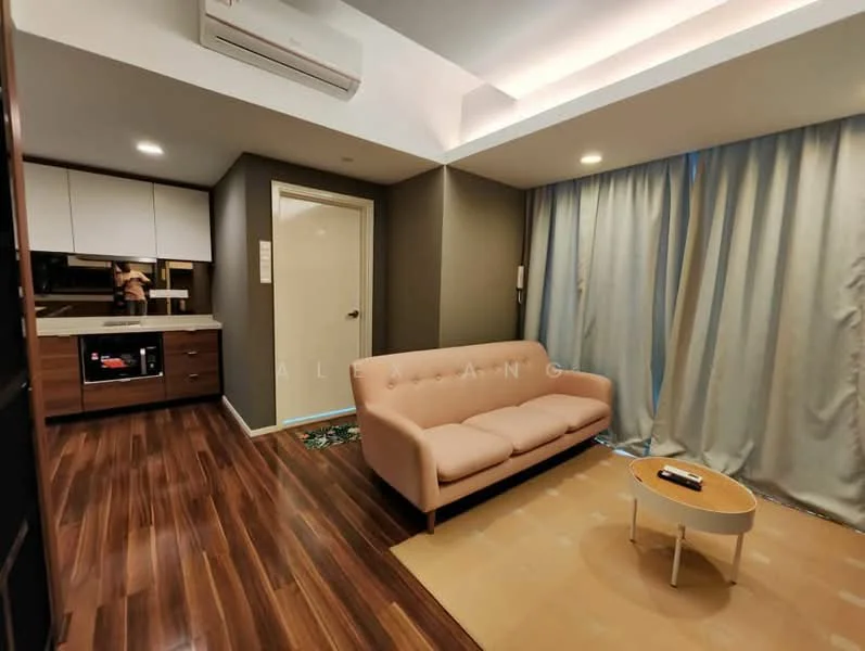 Living features: 3-seater fabric sofa in light pink, wooden coffee table, wall-mounted TV, microwave, built-in cabinetry, recessed downlights, cream painted walls, dark wood flooring, floor-to-ceiling curtains, air conditioning unit; style: modern.