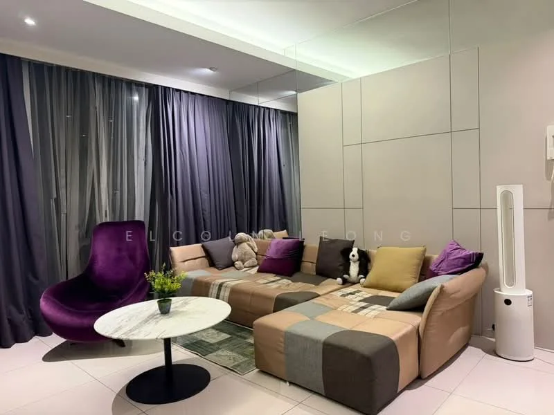 Living features: L-shape sectional sofa with mixed fabric, round marble coffee table, purple accent chair, floor-to-ceiling curtains in dark grey, light grey accent wall, decorative throw pillows, area rug with geometric pattern, wall-mounted air conditioning unit; style: modern.