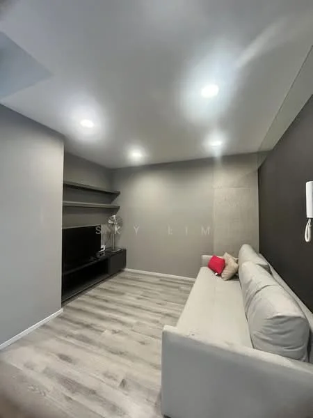 Living features: light grey painted walls, dark accent wall, laminate flooring, recessed LED downlights, 3-seater fabric sofa in light grey, red decorative cushion, TV console, wall-mounted TV, open shelving, telephone wall unit; style: modern.