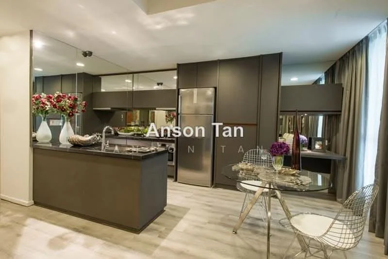 Kitchen features: dark cabinetry, stainless-steel fridge, built-in oven, 4-burner gas hob, black countertop, kitchen island with seating, pendant lighting, open shelving, decorative vase with flowers, glass dining table, wire dining chairs, grey laminate flooring, floor-to-ceiling windows with sheer curtains; style: modern.