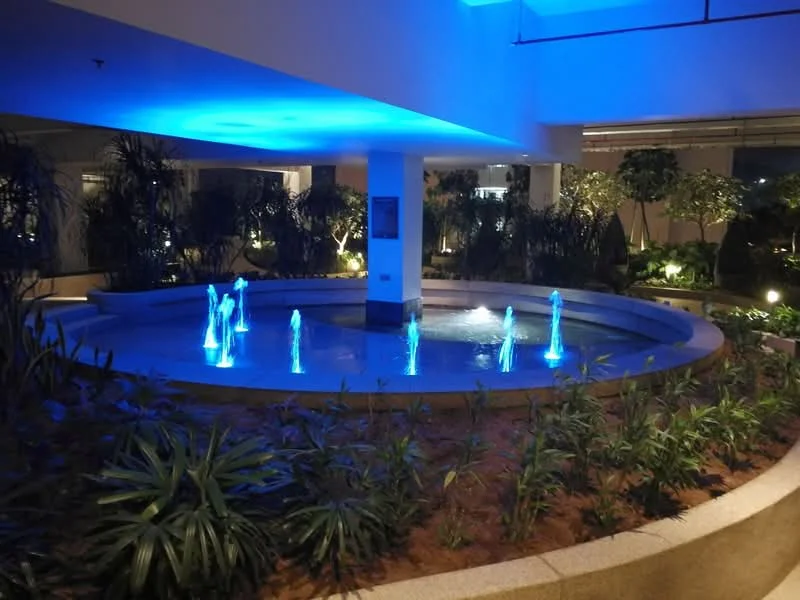 Exterior type: landscape garden; features: circular water feature with illuminated fountains, landscaped garden with plants, soft blue lighting, paved walkway around the water feature, surrounding greenery, modern design elements; style: contemporary.