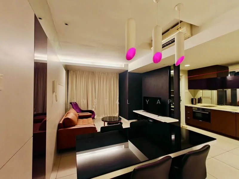 Living features: sofa in brown leather, 2-seater fabric sofa in purple, glass coffee table, wall-mounted TV, TV console, recessed downlights, pendant lighting with pink shades, cream curtains, white painted walls, tile flooring, air conditioning unit; style: modern. Dining features: black dining table, 4 upholstered dining chairs in grey, open kitchen layout, kitchen cabinetry in dark wood, built-in oven, stainless-steel fridge, microwave, countertop with backsplash; style: modern.