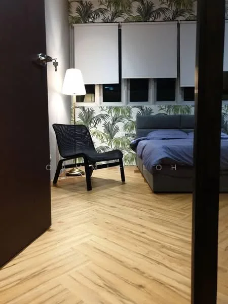 Bedroom features: queen-size bed with grey bedding, upholstered headboard, black accent chair, floor lamp, wooden flooring with herringbone pattern, green tropical wallpaper, two windows with roller blinds, decorative wall art; style: modern.