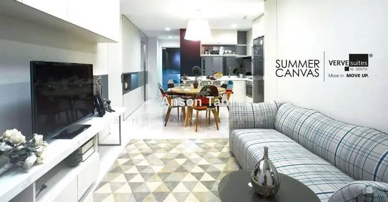 Living features: plaid fabric sofa, coffee table, wall-mounted TV, TV console, recessed downlights, open-plan layout, dining area with dining table, decorative vase on table, grey accent wall, white cabinetry, floor-to-ceiling windows; style: modern.