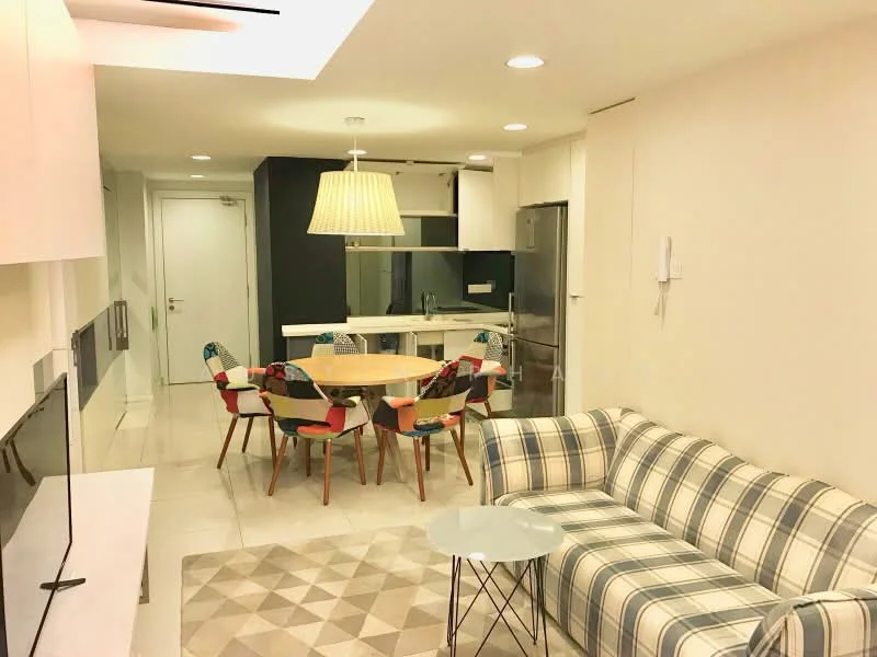 Living features: plaid fabric sofa, round dining table, 6 upholstered dining chairs, pendant lamp, wall-mounted TV, coffee table, area rug with geometric pattern, white painted walls, recessed downlights, kitchen island, stainless-steel fridge, built-in oven, microwave; style: modern.