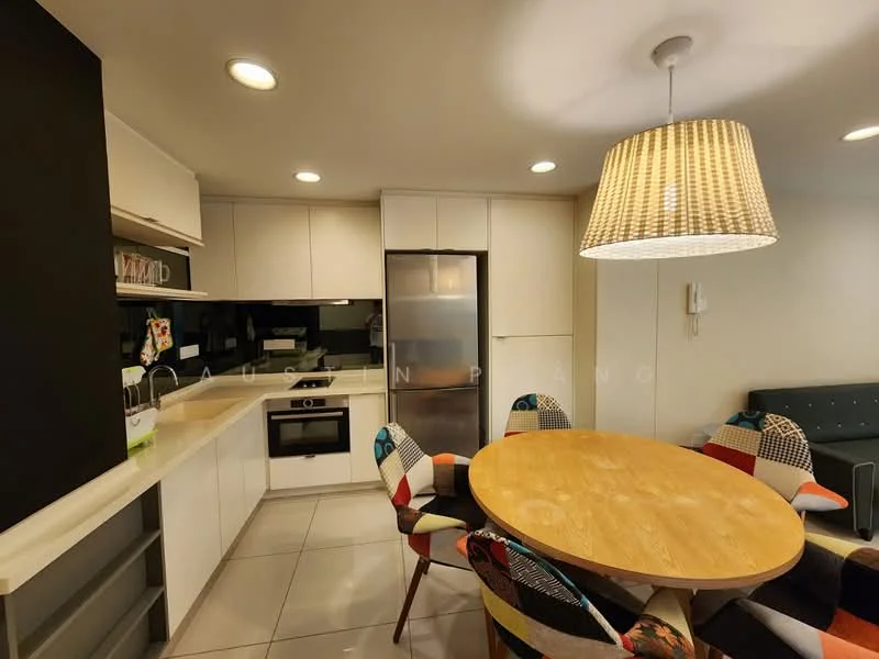 Kitchen features: white cabinetry, stainless-steel fridge, built-in oven, 4-burner gas hob, exhaust hood, white countertop, grey tile backsplash, pendant light, round wooden dining table, upholstered dining chairs with colorful patterns, ceramic tile flooring, recessed lighting; style: modern.