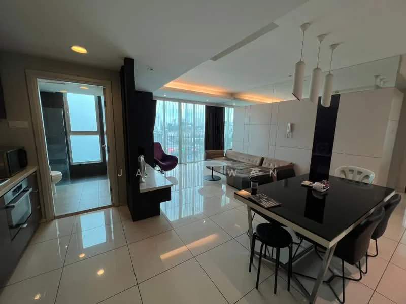 Living features: white painted walls, glossy tile flooring, floor-to-ceiling windows, sofa in light beige, coffee table, TV console, wall-mounted TV, decorative wall panel, recessed downlights, area rug, city view; style: modern; view: city. Dining features: black dining table, white dining chairs, pendant lighting, open layout to living area; style: modern; view: city. Kitchen features: built-in kitchen cabinetry, stainless-steel sink, microwave, stove, oven, refrigerator, glossy tile backsplash; style: modern. Bathroom features: one-piece toilet, sink with vanity, shower, tile cladding, mirror; style: modern.