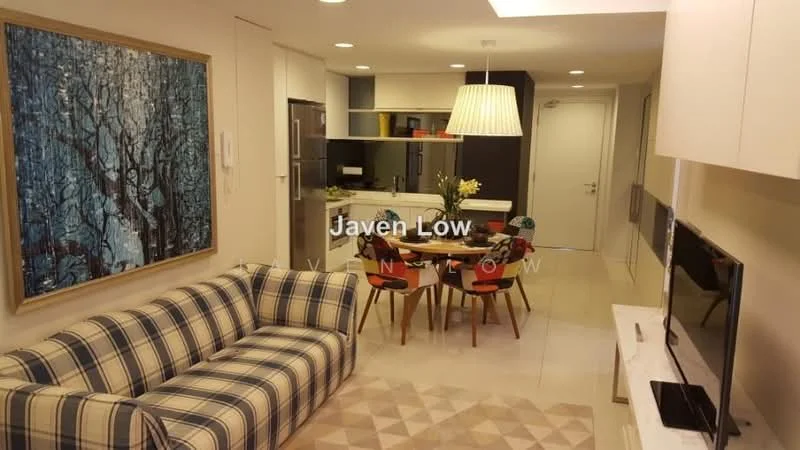 Living features: plaid fabric sofa in blue and white, coffee table, area rug with geometric pattern, wall-mounted TV, white entertainment unit, pendant lamp, framed artwork with tree design, dining table with 4 colorful chairs, kitchen with modern cabinetry, stainless-steel fridge, open-plan layout, tile flooring, recessed lighting, white walls; style: modern.