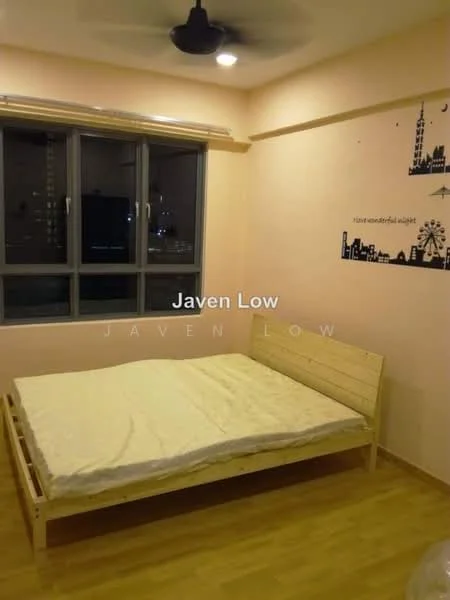 Bedroom features: light wood bed frame, mattress without bedding, cream painted walls, floor-to-ceiling windows, roller blinds, ceiling fan, wooden flooring, decorative wall art; style: modern; view: city.