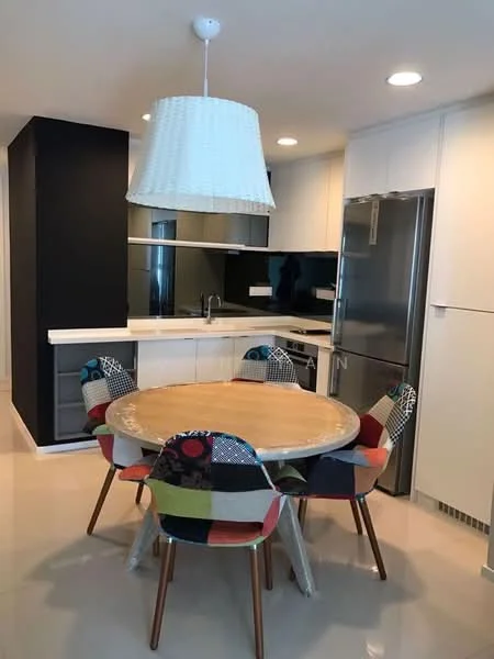Dining features: round wooden dining table, 4 upholstered dining chairs with colorful fabric, pendant lamp with woven shade, white cabinetry, black glass backsplash, stainless-steel fridge, countertop with white surface, open kitchen layout, recessed lighting, cream tiled flooring; style: modern. Kitchen features: black cabinetry, stainless-steel sink, chrome pull-down faucet, built-in oven, induction cooktop, microwave, open shelving, tile cladding, recessed downlights; style: modern.