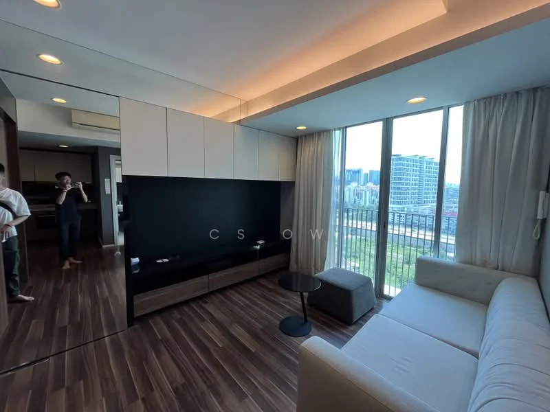 Living features: floor-to-ceiling windows, white walls, wooden flooring, recessed downlights, built-in cabinetry, black accent wall, sofa, TV console, city view; style: modern; view: city.