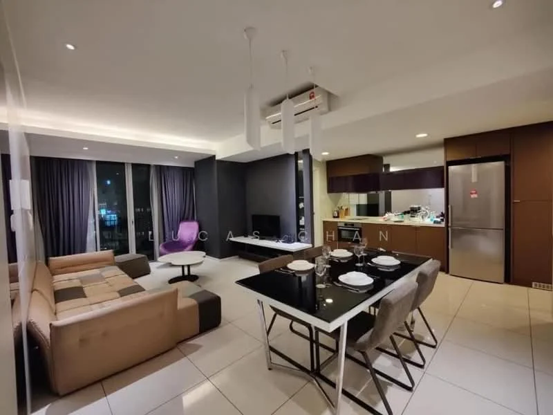 Living features: 3-seater sofa in beige and brown, purple accent chair, coffee table, dining table with 6 chairs, floor-to-ceiling windows, curtains, recessed downlights, wall-mounted split AC, tile flooring, black accent wall, kitchen island, stainless-steel fridge, built-in kitchen cabinets; style: modern; view: city.