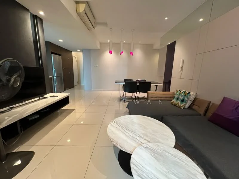 Living features: grey fabric sectional sofa, marble coffee table, 2 round coffee tables, wall-mounted TV, black TV console, 5-blade ceiling fan, recessed downlights, dining table with 4 chairs, decorative wall with purple accent, white tiled flooring, air conditioning unit; style: modern.