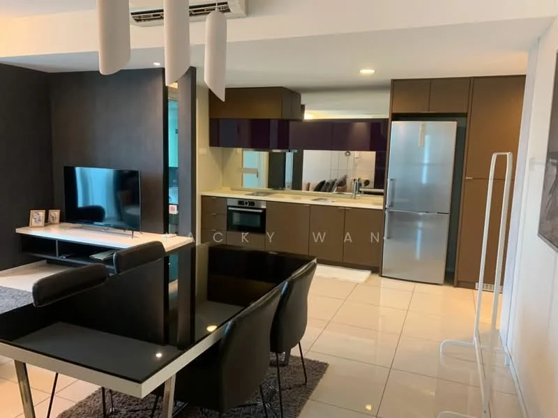 Kitchen features: white cabinets, purple upper cabinets, stainless-steel fridge, built-in oven, 4-burner gas hob, single-bowl stainless-steel sink, chrome pull-down faucet, white tiled backsplash, white countertop, recessed downlights, open shelving, tile flooring; style: modern. Dining features: black dining table, 4 black dining chairs, area rug, wall-mounted TV, decorative wall art; style: modern.