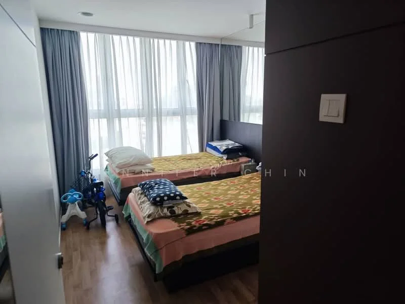 Bedroom features: two single beds with patterned beddings, floor-to-ceiling windows with sheer curtains, wooden flooring, grey accent wall, light-colored bedding, bicycle in the corner, nightstand beside one bed, decorative pillows; style: modern; view: city.