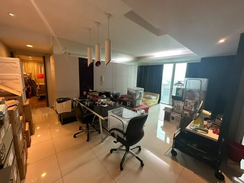 Room features: white painted walls, glossy tile flooring, recessed downlights, floor-to-ceiling windows, black office chairs, wooden desk, storage boxes, various office equipment, sofa, decorative cushions; style: modern; view: city.