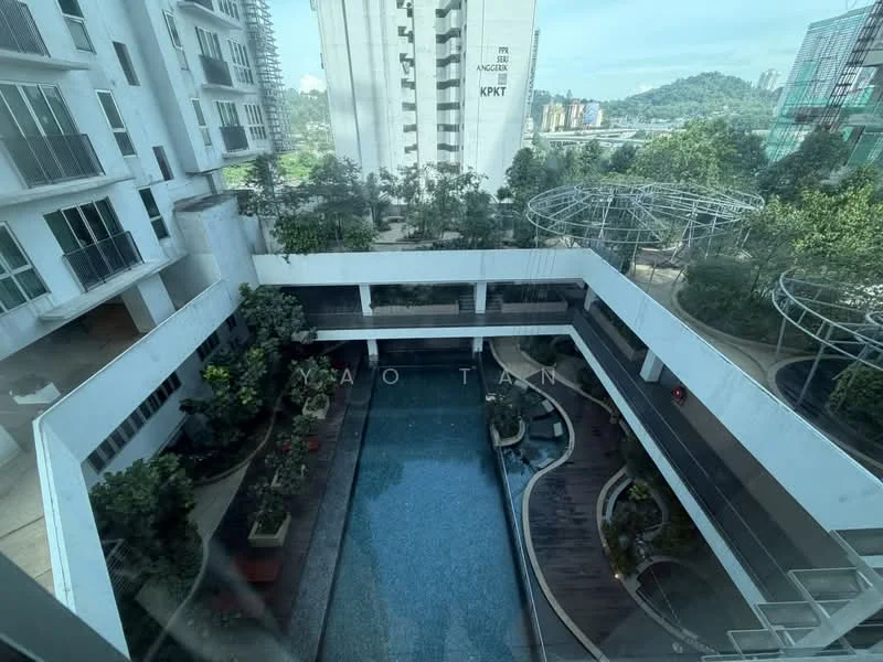Exterior type: high-rise condominium; features: infinity pool, landscaped garden, surrounding greenery, pool deck with loungers, children's playground, walking paths, modern architecture, glass facade, multiple levels of landscaping; style: modern.
