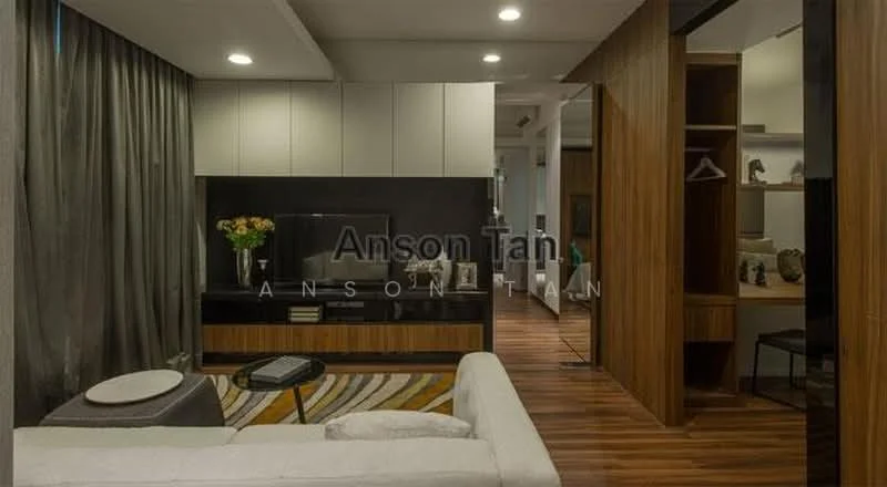 Living features: light grey fabric sofa, coffee table, TV console, wall-mounted TV, decorative vase with flowers, striped area rug, wooden flooring, recessed downlights, curtains, built-in cabinetry, open shelving, study desk area; style: modern.