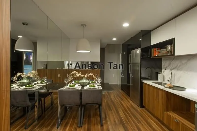 Dining features: 6-seater dining table, upholstered dining chairs, pendant light, wooden flooring, mirror wall, white cabinetry, dark cabinetry, marble countertop, stainless-steel fridge, built-in oven, kitchen sink, chrome pull-down faucet; style: modern.