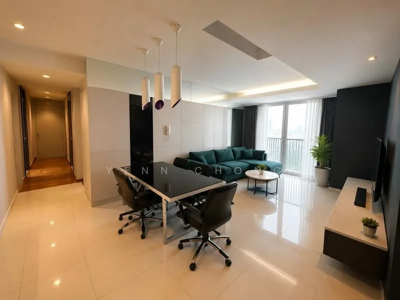 Living features: L-shape sectional sofa in teal, glass coffee table, wall-mounted TV, TV console with storage, floor-to-ceiling windows, curtains, recessed downlights, marble tile flooring, decorative plant, dining table with 6 chairs, pendant lighting; style: modern; view: city. Room features: white painted walls, wooden door, hallway leading to other rooms.