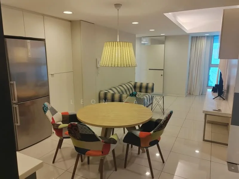Living features: round wooden dining table, 4 upholstered dining chairs with colorful patterns, 3-seater fabric sofa with checkered pattern, TV console, wall-mounted TV, pendant lamp, recessed downlights, white painted walls, glossy tile flooring, floor-to-ceiling windows with sheer curtains; style: modern; view: city.