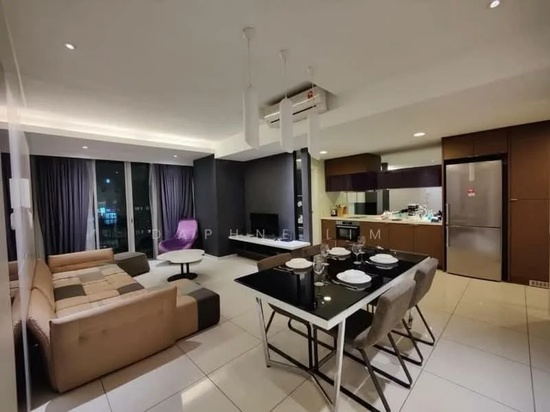 Living features: 3-seater fabric sofa in beige and brown, black coffee table, dining table for 4 with grey upholstered chairs, floor-to-ceiling windows with sheer curtains, recessed ceiling lights, wall-mounted air conditioning unit, TV console, decorative wall art, area rug with geometric pattern, tile flooring; style: modern; view: city. Kitchen features: L-shaped kitchen layout, dark wood cabinetry, stainless-steel fridge, built-in oven, 4-burner gas hob, stainless-steel sink, chrome pull-down faucet, white quartz countertop, tile backsplash, microwave; style: modern.