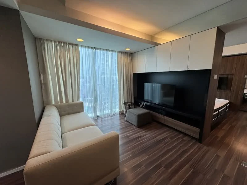 Living features: light-colored fabric sofa, wooden coffee table, wall-mounted TV, TV console with storage, floor-to-ceiling windows, sheer curtains, recessed ceiling lights, wood laminate flooring, neutral wall color, decorative wall paneling; style: modern; view: city.