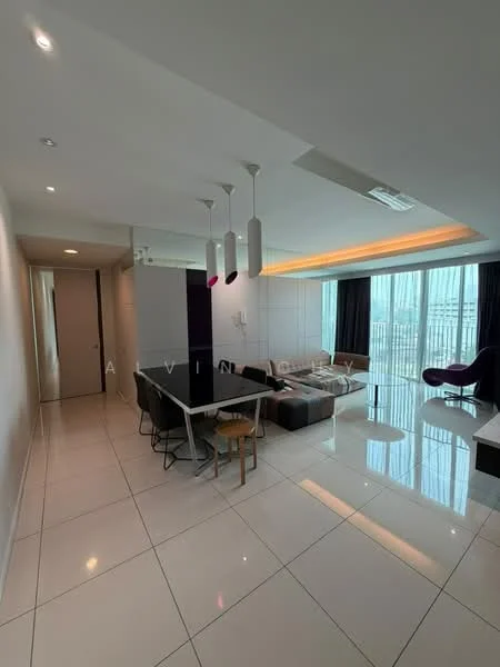 Living features: white painted walls, glossy white tile flooring, recessed downlights, pendant lamps, floor-to-ceiling windows, blackout curtains, L-shape sectional sofa in dark grey, coffee table, dining table with chairs, decorative wall panel, open layout, view of city skyline; style: modern; view: city. Room features: white painted walls, glossy white tile flooring, recessed downlights.